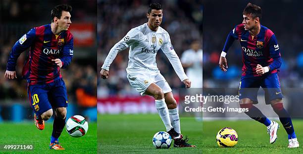 In this composite image a comparison has been made between Lionel Messi , Cristiano Ronaldo and Neymar . All three players have been short listed for...