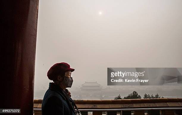 Chinese woman wears a protective mask as she overlooks the Forbidden City shrouded in haze on a day of heavy pollution on November 30, 2015 in...