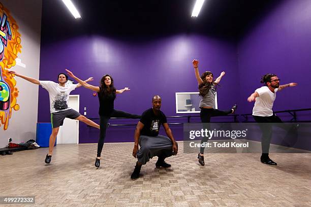 Cast members Danny Nielsen, Allison Toffan, Travis Knights, Stephanie Cadman and Ryan Foley rehears for the Big Band Tap Revue in Toronto, Ontario.