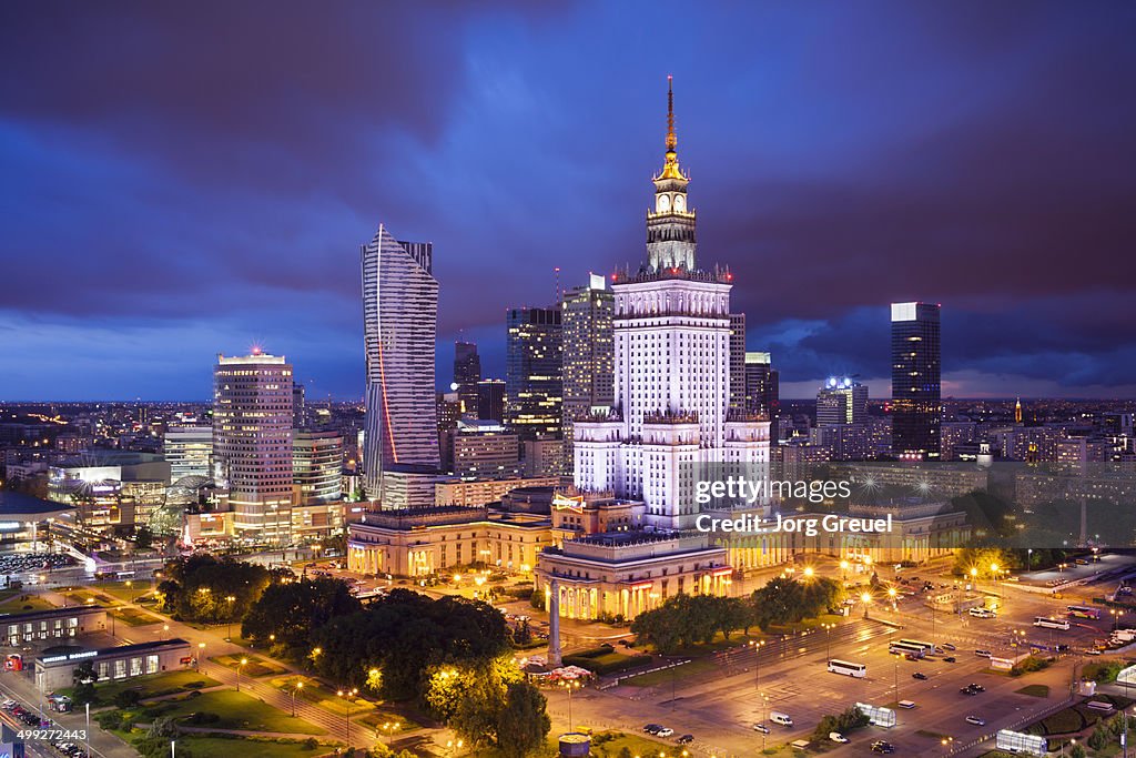 Warsaw skyline at dusk