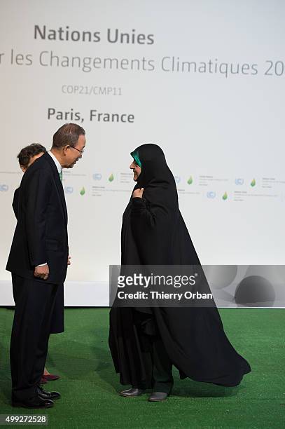 United Nations secretary Ban Ki-Moon welcomes Iranian Vice-President Masoumeh Ebtekar during the COP21 United Nations Climate Change Conference on...