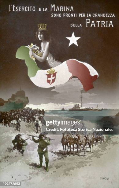 Young towered Italy, floating in the sky on a huge flag, above the Italian troops ground and sea based, Propaganda of the military force to the...