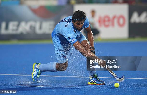 Rupinder Pal Singh of India controls the ball during the match between Netherlands and India on day four of The Hero Hockey League World Final at the...