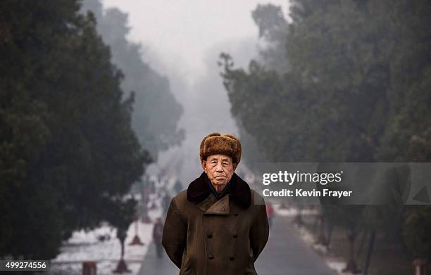 Chinese man walks at the Temple of Heaven park the Forbidden City shrouded in haze during a day of heavy pollution on November 30, 2015 in Beijing,...