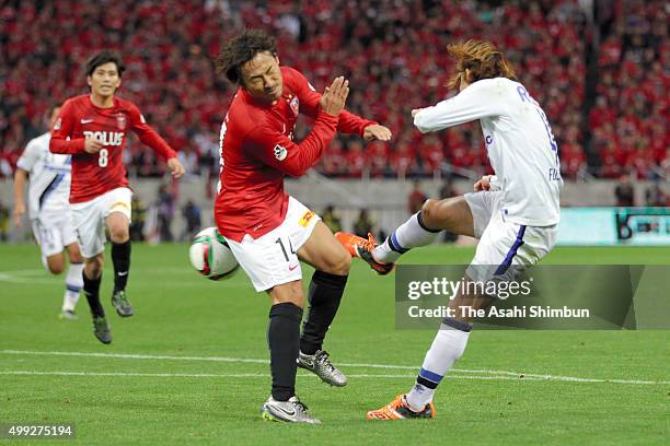 Hiroki Fujiharu of Gamba Osaka scores his team's second goal during the J.League Championship Semi Final match between Urawa Red Diamonds and Gamba...