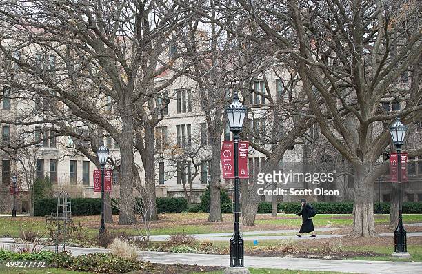 Pedestrian walks through the Main Quadrangles on the Hyde Park Campus of the University of Chicago on November 30, 2015 in Chicago, Illinois. The...