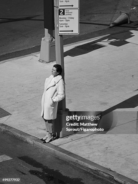 Fashion blogger Garance Dore is photographed for Madame Figaro on September 25, 2015 in New York City. Coat , jeans , shoes .