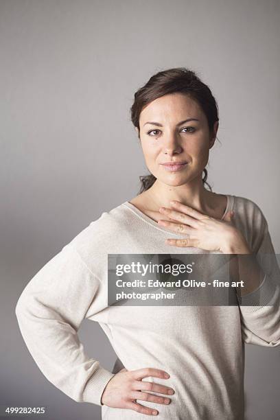 portrait of young lady against grey background 2 - lady grey background bildbanksfoton och bilder