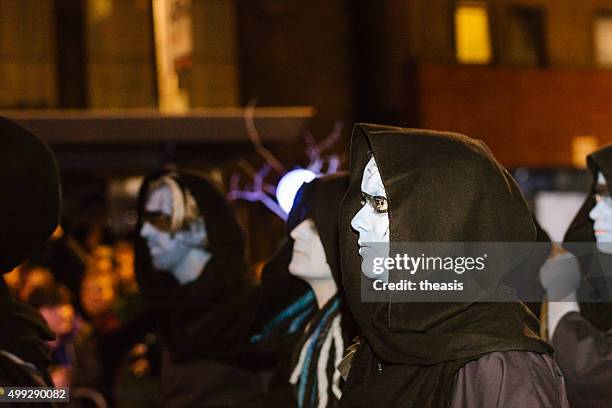 winter drummers at the samhuinn fire festival, edinburgh - samhuinn stock pictures, royalty-free photos & images