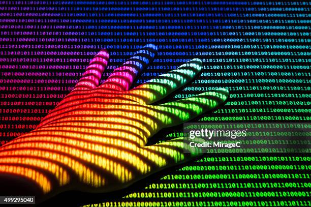 hand covered by colorful binary light lines - angeleuchtet zahlen mensch stock-fotos und bilder