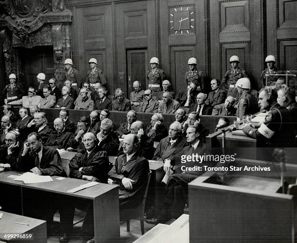Listening intently; the Nazi war criminals hear Nuremberg verdict. In prisoners' box are; left to right; front row: Hermann Goering; Rudolf Hess;...