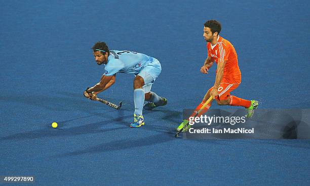 Rupinder Pal Singh of India controls the ball during the match between Netherlands and India on day four of The Hero Hockey League World Final at the...