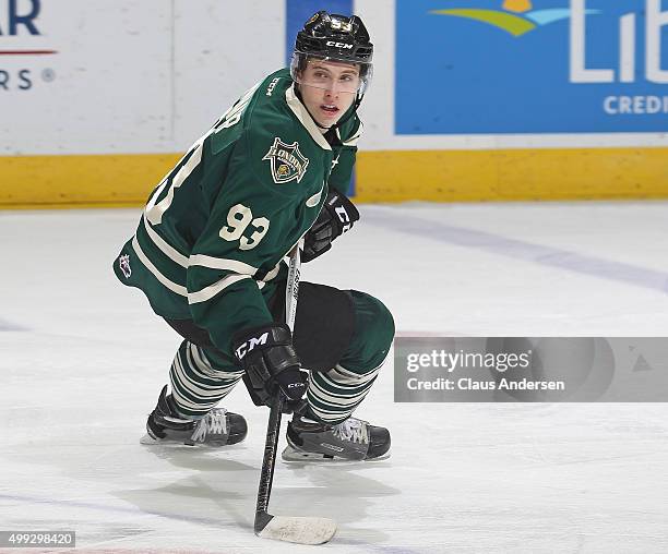 Mitchell Marner of the London Knights skates against the Owen Sound Attack during an OHL game at Budweiser Gardens on November 27, 2015 in London,...