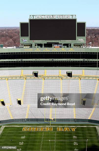 Green Bay Packers playing field at Lambeau Field, home of the Green Bay Packers football team on November 20, 2015 in Green Bay, Wisconsin.