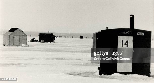 Ice hut shantytown: More than 4;000 ice fishing huts cover Lake Simcoe each winter.