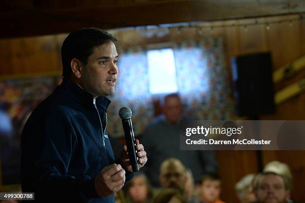 Republican Presidential candidate Marco Rubio speaks during a town hall at the VFW November 30, 2015 in Laconia, New Hampshire. Rubio has slowly been...