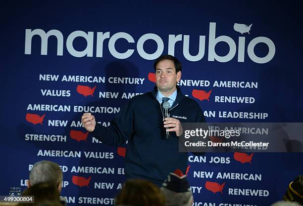 Republican Presidential candidate Marco Rubio speaks during a town hall at the VFW November 30, 2015 in Laconia, New Hampshire. Rubio has slowly been...