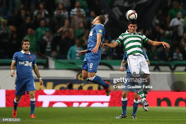 Sporting CP's defender Jonathan Silva with Os Belenenses' midfielder Andre Sousa in action during the Primeira Liga match between Sporting CP and Os...