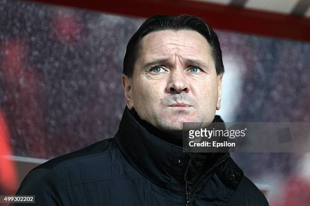 Head coach Dmitri Alenichev of FC Spartak Moscow looks on during the Russian Premier League match between FC Rubin Kazan and FC Spartak Moscow at the...