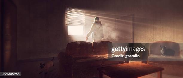 alien ufo landing on the backyard - dim lit living room stock pictures, royalty-free photos & images