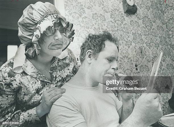 Billy the Clown; alias Bill Durtnall; demonstrates the art of putting on greasepaint for one of the 10 students from Edgar Adult Occupational Centre....