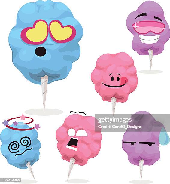 cotton candy cartoon set a - candyfloss kawaii stock illustrations