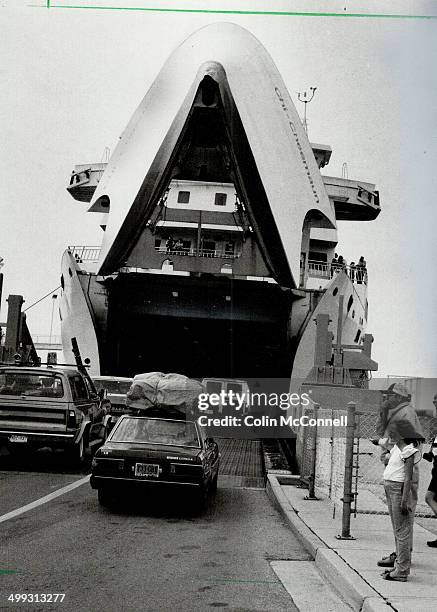 Gaping maw: The car ferry Chi-Cheemaun; with its hinged bow; plies the main channel between the Bruce Peninsula and Manitoulin island from May to...