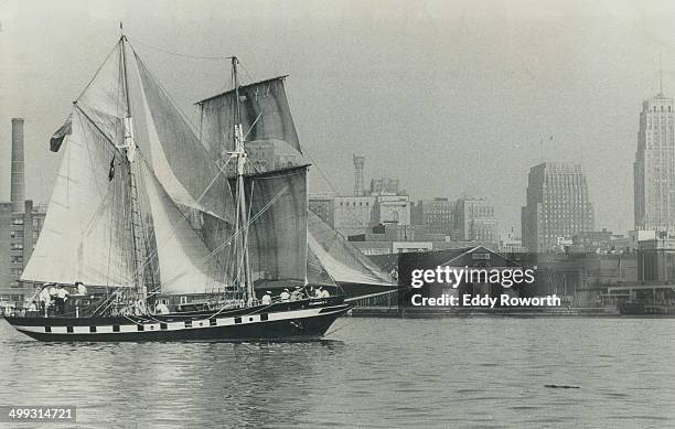 Reminder of the days of sail; Into Toronto harbor sails 60-foot brigantine St. Lawrence; recalling romantic era of wooden ships and iron men. Owned...