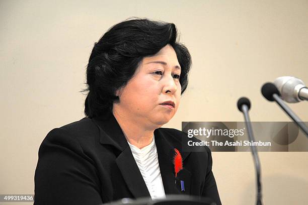 Former abductee by North Korea Hitomi Suga speaks during a press conference ahead of the fifth anniversary of her return on October 17, 2007 in Sado,...