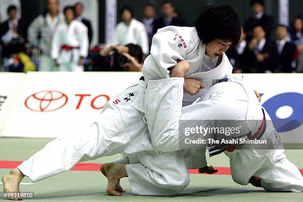 Misato Nakamura and Eri Kakita compete in the Women's -52kg final during the Kodokan Cup All Japan Judo Championships by Weight Category at Chiba...