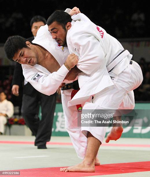 Hiroshi Izumi of Japan and Ilias Iliadis of Greece compete in the Men's -90kg Final during day two of the Judo Kano Jigoro Cup at Tokyo Metropolitan...