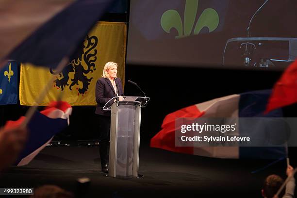 Marine Le Pen, leader of the French far-right National Front party, smiles during her campaign rally for the upcoming regional elections in the...