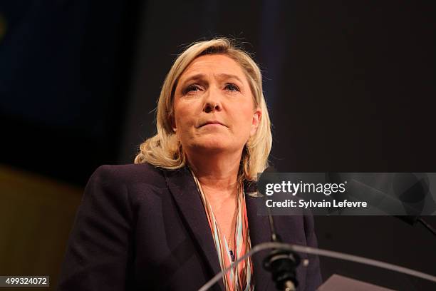 Marine Le Pen, leader of the French far-right National Front party, gives a speech during her campaign rally for the upcoming regional elections in...