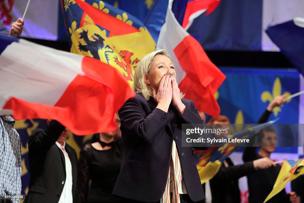 French Far-Right National Front President Marine Le Pen Attends The FN Campaign For North Regional Elections