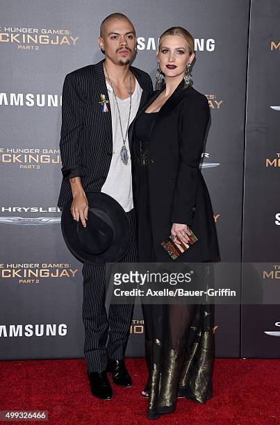 Actor Evan Ross and singer Ashlee Simpson arrive at the premiere of Lionsgate's 'The Hunger Games: Mockingjay - Part 2' at Microsoft Theater on...