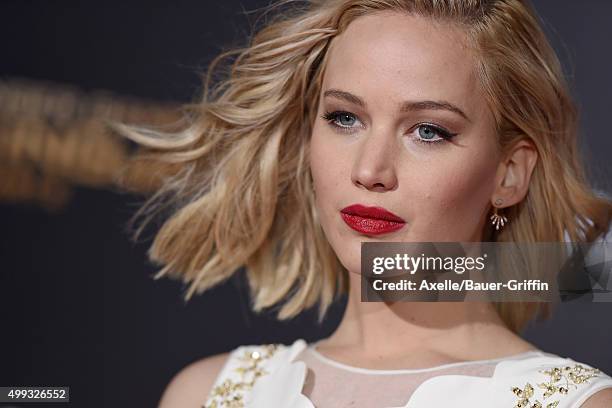 Actress Jennifer Lawrence arrives at the premiere of Lionsgate's 'The Hunger Games: Mockingjay - Part 2' at Microsoft Theater on November 16, 2015 in...