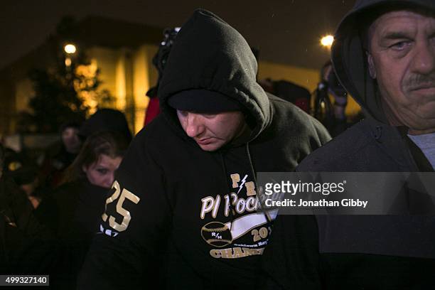 Chicago Police officer Jason Van Dyke leaves Cook County Criminal Court after posting $1.5 million bail on November 30, 2015 in Chicago, Illinois....