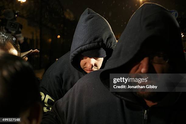 Chicago Police officer Jason Van Dyke leaves Cook County Criminal Court after posting $1.5 million bail on November 30, 2015 in Chicago, Illinois....