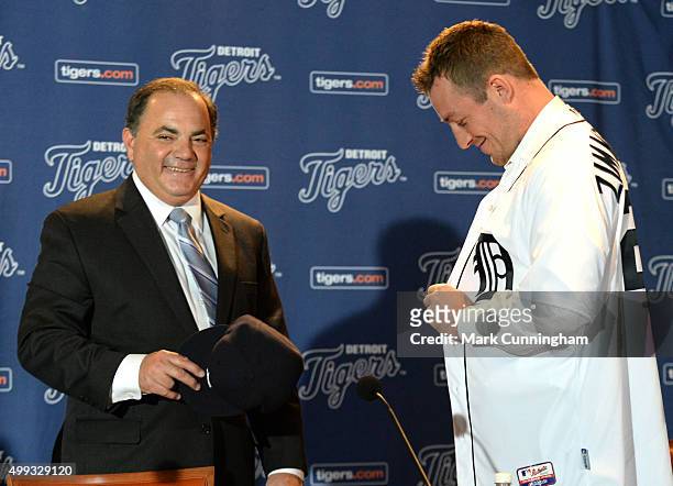 Detroit Tigers Executive Vice President of Baseball Operations and General Manager Al Avila looks on and smiles as new Tigers pitcher Jordan...