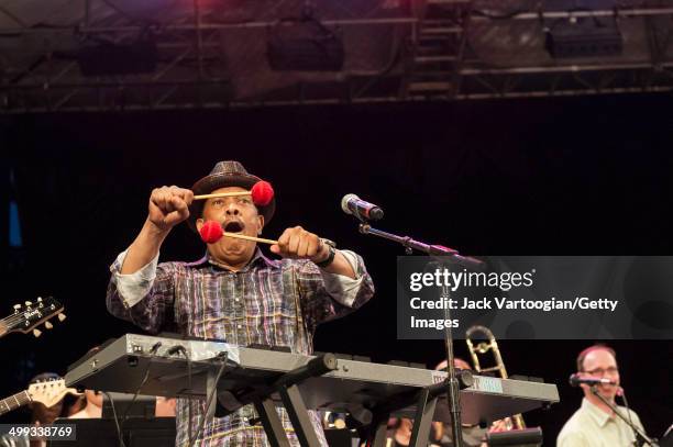 American funk, soul, and jazz composer Roy Ayers plays vibraphone during a performance with the Mafia Jazz Symphony at Central Park SummerStage, New...