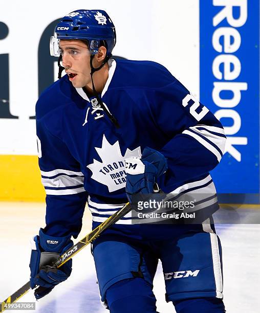 Frank Corrado of the Toronto Maple Leafs takes warmup before facing the Edmonton Oilers during game action on November 30, 2015 at Air Canada Centre...