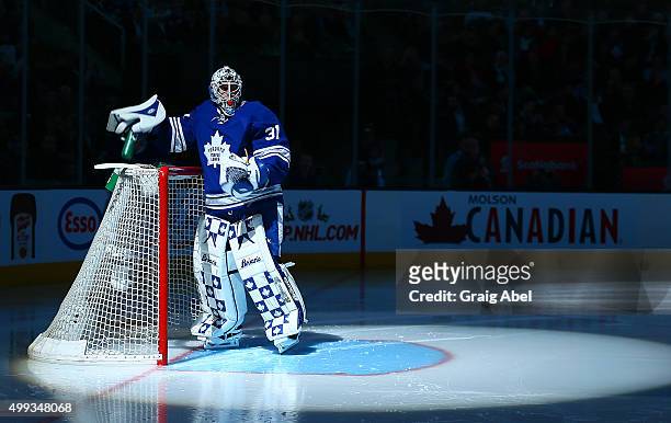 Garret Sparks of the Toronto Maple Leafs prepares for action against the Edmonton Oilers during game action on November 30, 2015 at Air Canada Centre...