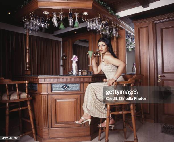 Portrait of Indian film actress Raveena Tandon.