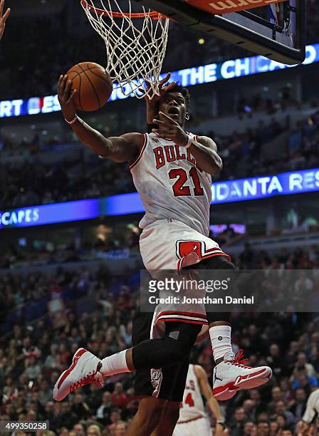 Jimmy Butler of the Chicago Bulls goes up for a shot against the San Antonio Spurs at the United Center on November 30, 2015 in Chicago, Illinois....