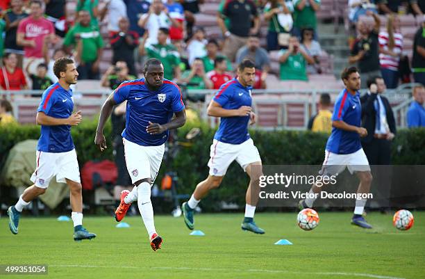 Fabian Johnson, Jozy Altidore and Geoff Cameron of the United States take the field for warm-up before the 2017 FIFA Confederations Cup Qualifying...