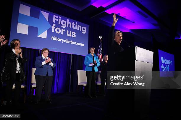 Democratic presidential candidate Hillary Clinton speaks as Sens. Barbara Boxer , Barbara Mikulski , Dianne Feinstein , and Patty Murray listen...