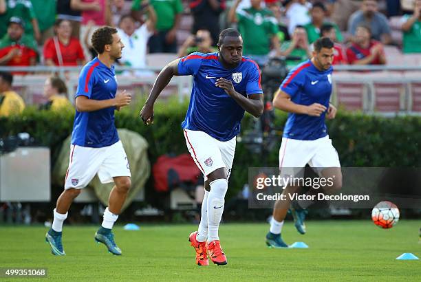 Fabian Johnson, Jozy Altidore and Geoff Cameron of the United States take the field for warm-up before the 2017 FIFA Confederations Cup Qualifying...