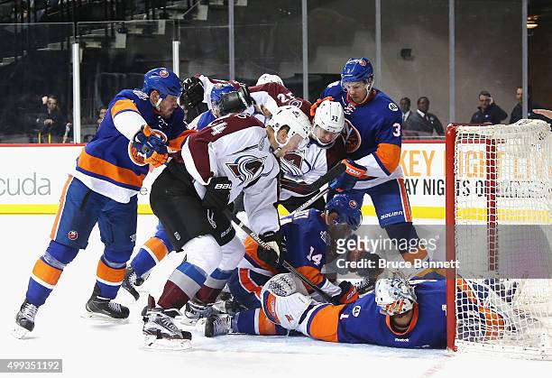Carl Soderberg and the Colorado Avalanche are stopped by Thomas Greiss of the New York Islanders during the third period at the Barclays Center on...