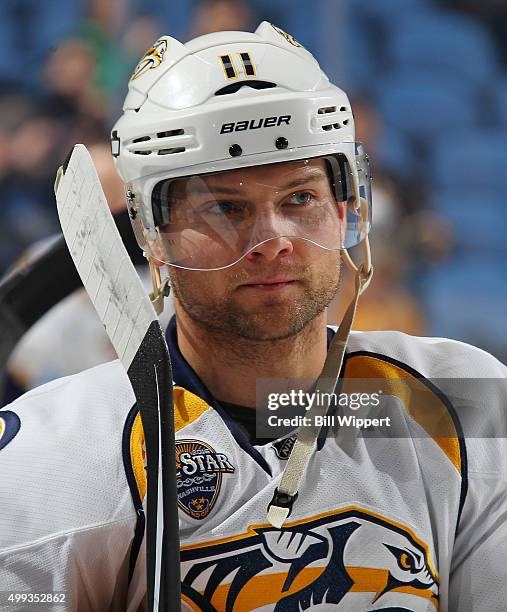 Cody Hodgson of the Nashville Predators prepares to play against the Buffalo Sabres in an NHL game on November 25, 2015 at the First Niagara Center...