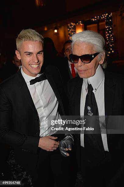 Baptiste Giabiconi and Karl Lagerfeld are seen at dinner before the Chanel Party on November 30, 2015 in Rome, Italy.